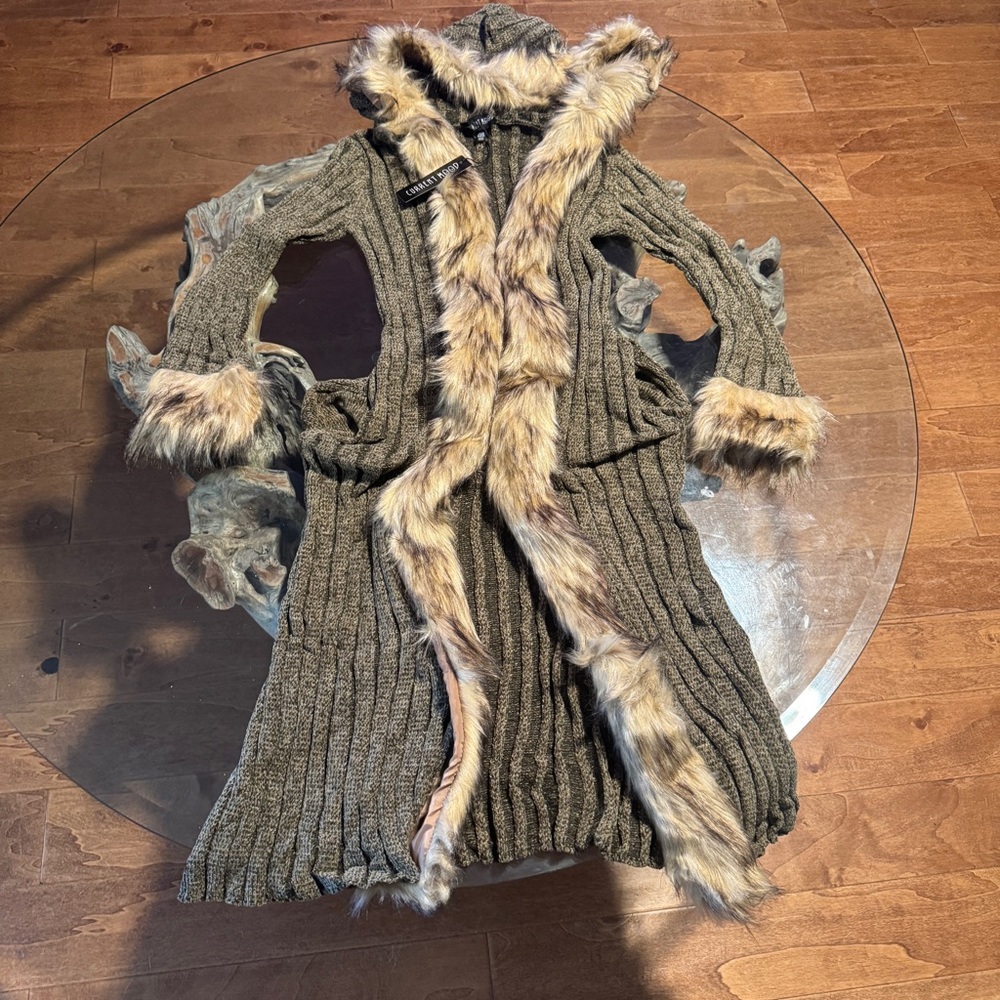Chenille Hooded Long Cardigan with Faux Fur Trim